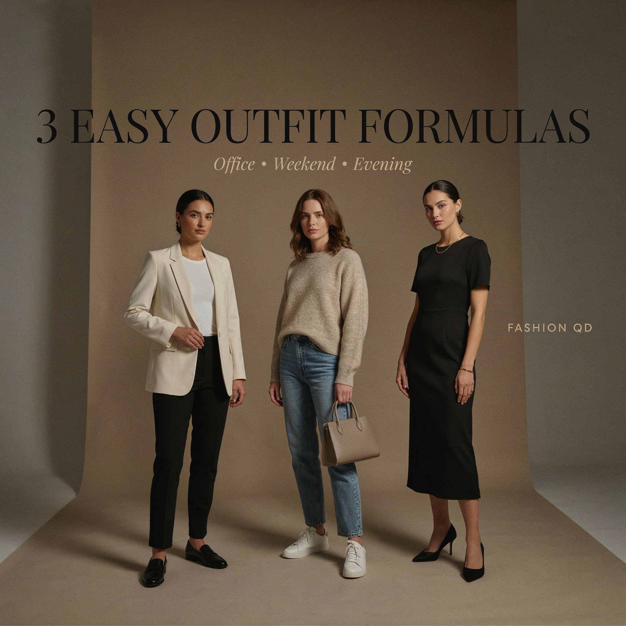 Three capsule wardrobe outfit ideas for office weekend and evening style