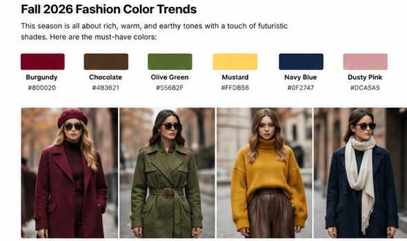 Fall 2026 women's fashion color inspiration featuring burgundy, olive, mustard and navy outfits
