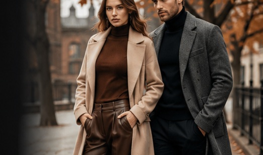 Man and woman in sophisticated Fall 2026 outerwear and layered fashion