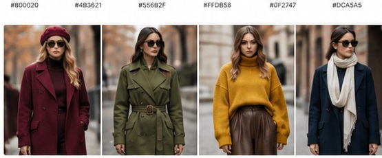 Women wearing Fall 2026 fashion looks in burgundy, olive, mustard and navy