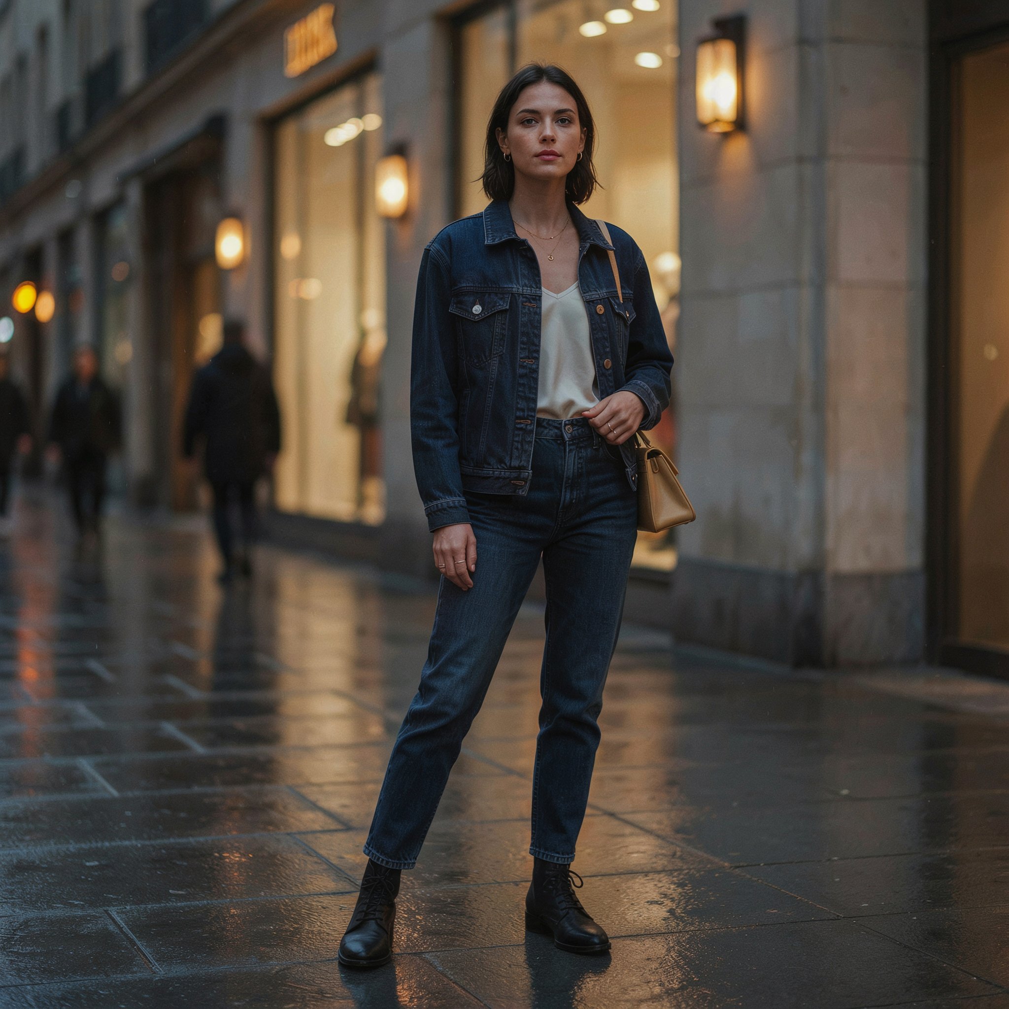 Dark double denim outfit styled for an evening look
