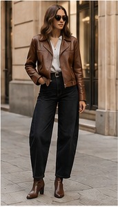 Casual street style outfit with wide-leg trousers and denim jacket