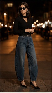 Woman wearing full-length wide-leg trousers with elegant heels